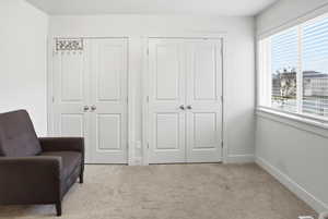 Sitting room with light carpet and baseboards