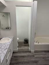 Bathroom featuring vanity, dark wood-style floors, a textured wall, and a bath