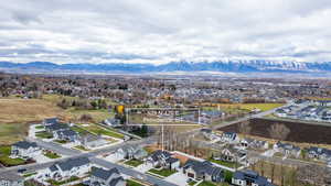 Aerial perspective of suburban area with mountains