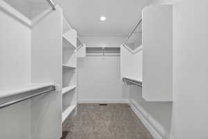 Spacious closet featuring light colored carpet