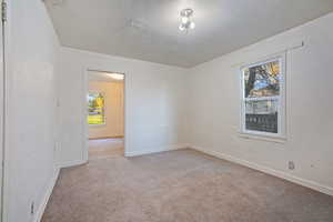 Empty room with healthy amount of natural light, light carpet, a textured wall, and a textured ceiling