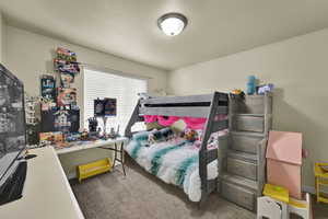 Carpeted bedroom featuring a textured ceiling