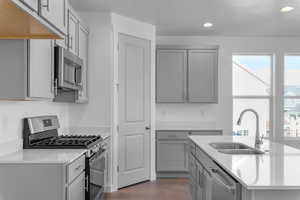 Kitchen featuring appliances with stainless steel finishes, gray cabinets, dark wood-style floors, recessed lighting, and a textured ceiling