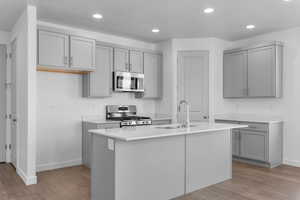Kitchen featuring gray cabinetry, stainless steel appliances, light wood-style flooring, an island with sink, and recessed lighting