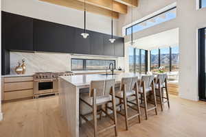 Kitchen with light stone countertops, modern cabinets, a mountain view, a high ceiling, and a kitchen breakfast bar