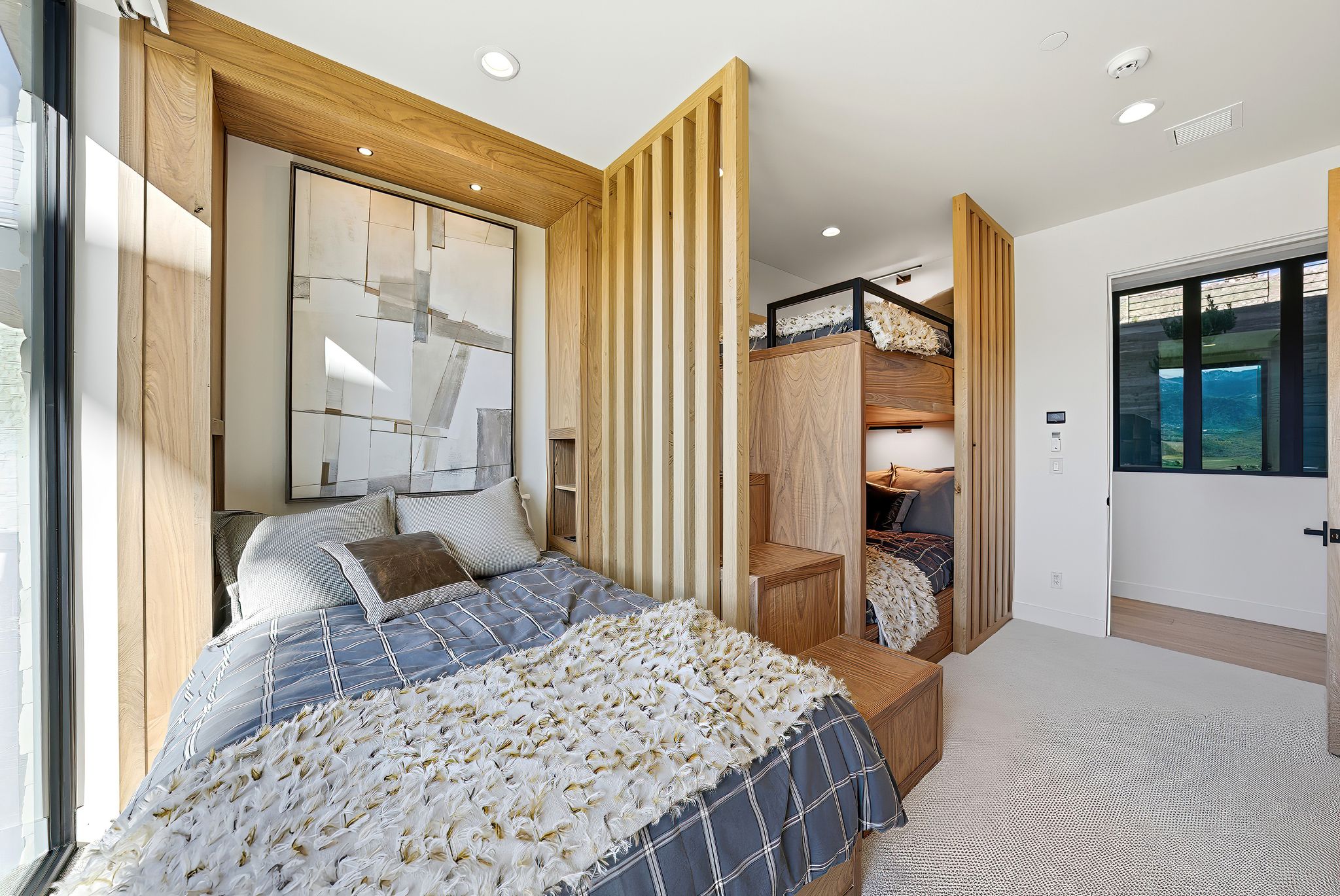 Bedroom with recessed lighting and carpet floors