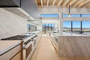 Kitchen featuring stainless steel appliances, a mountain view, custom exhaust hood, light stone countertops, and hanging light fixtures