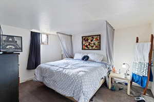 Bedroom featuring a textured ceiling and carpet floors