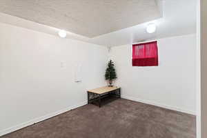 Carpeted empty room featuring a textured ceiling and baseboards