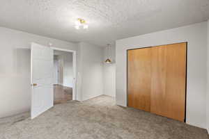 Unfurnished bedroom featuring carpet floors, a textured ceiling, and a closet