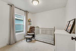 Bedroom with a crib and light colored carpet