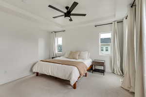 Carpeted bedroom with multiple windows, a raised ceiling, and ceiling fan