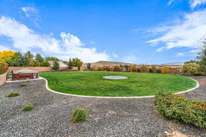 Fenced backyard featuring a mountain view