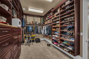 Spacious closet with light colored carpet