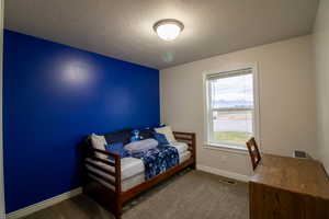 Bedroom with dark carpet, a textured ceiling, and a mountain view