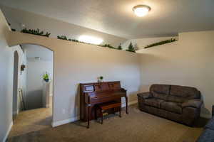 Sitting room with arched walkways, carpet, lofted ceiling, and a textured ceiling