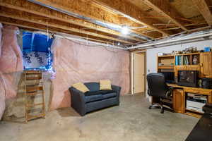 Unfinished below grade area with an office area