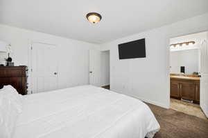 Carpeted bedroom with baseboards and ensuite bathroom