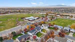Aerial view of residential area with a mountain backdrop