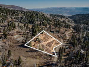 Aerial view of property and surrounding area with property parcel outlined and a mountainous background