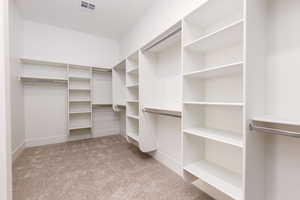 Spacious closet with light carpet