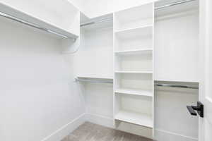 Walk in closet with light colored carpet