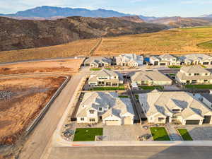 Aerial view of residential area with mountains