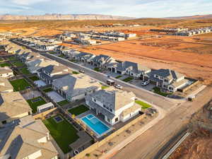 Aerial view of residential area featuring mountains