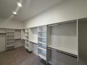 Walk in closet featuring dark carpet