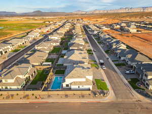 Aerial view of residential area with mountains