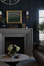 Detailed view of a fireplace with raised hearth