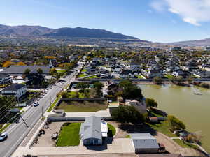 Aerial view of residential area with a water and mountain view