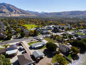 Aerial view of residential area with mountains