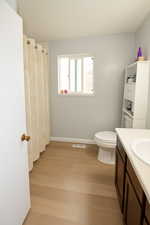 Bathroom featuring vanity, curtained shower, and light wood-type flooring