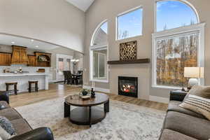 Living room featuring a chandelier, a glass covered fireplace, light wood-style flooring, a high ceiling, and recessed lighting