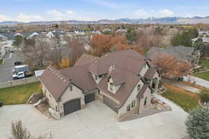 Aerial perspective of suburban area featuring mountains