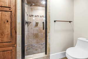 Full bathroom featuring a shower stall and toilet