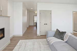 Living room with a glass covered fireplace, light wood-type flooring, and recessed lighting