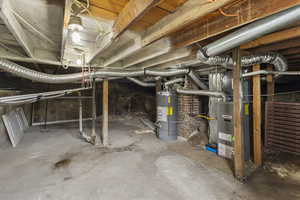 Unfinished below grade area with gas water heater and heating unit