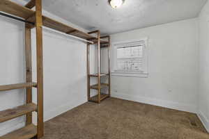 Unfurnished bedroom featuring carpet flooring and a textured ceiling