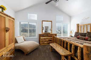 Bedroom with carpet floors, lofted ceiling, and a ceiling fan