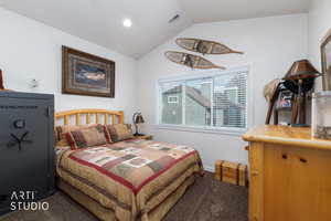 Bedroom featuring lofted ceiling, carpet flooring, and recessed lighting