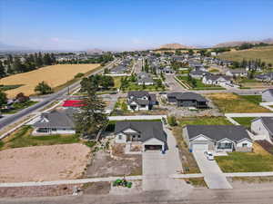 Aerial view of residential area with a mountain backdrop
