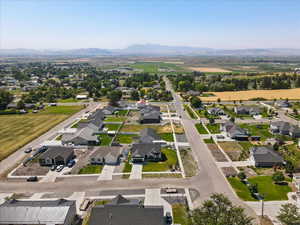 Aerial view of residential area with mountains