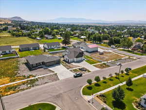 Aerial perspective of suburban area with mountains