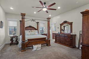 Primary Bedroom featuring carpet flooring, a ceiling fan, recessed lighting, and connected bathroom