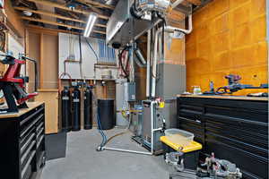 Utility room with secured water heater and, large water heater, water softener & carbon filtration water purifier system.