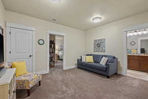 Living area with light colored carpet and a textured ceiling