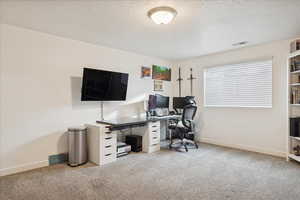Office area featuring light colored carpet and a textured ceiling
