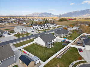 Aerial perspective of suburban area with mountains